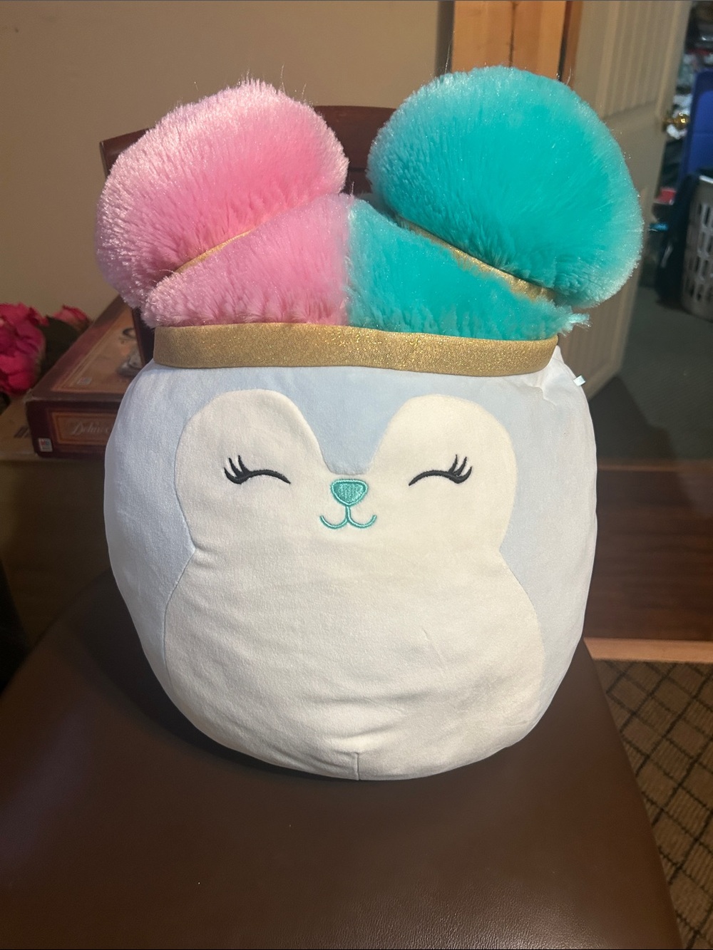 Squishmallows Plush Lyric SquirrPillow with Pink and Teal Pom Poms and Gold Trim